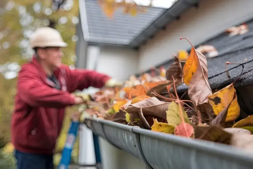 A man, wearing a safety helmet, stands on a ladder clearing a leaf laden gutter.