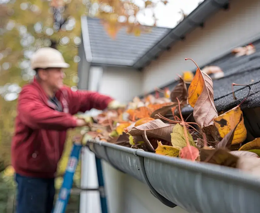 A man, wearing a safety helmet, stands on a ladder clearing a leaf laden gutter.