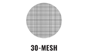 A circular grid pattern representing 30-mesh wire mesh, with evenly spaced horizontal and vertical lines, shown above the label “30-MESH” on a light background.