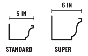 Diagram showing two gutter profiles: the left labeled Standard with a width of 5 inches, and the right labeled Super with a width of 6 inches. Both images show the gutter shapes in side view.